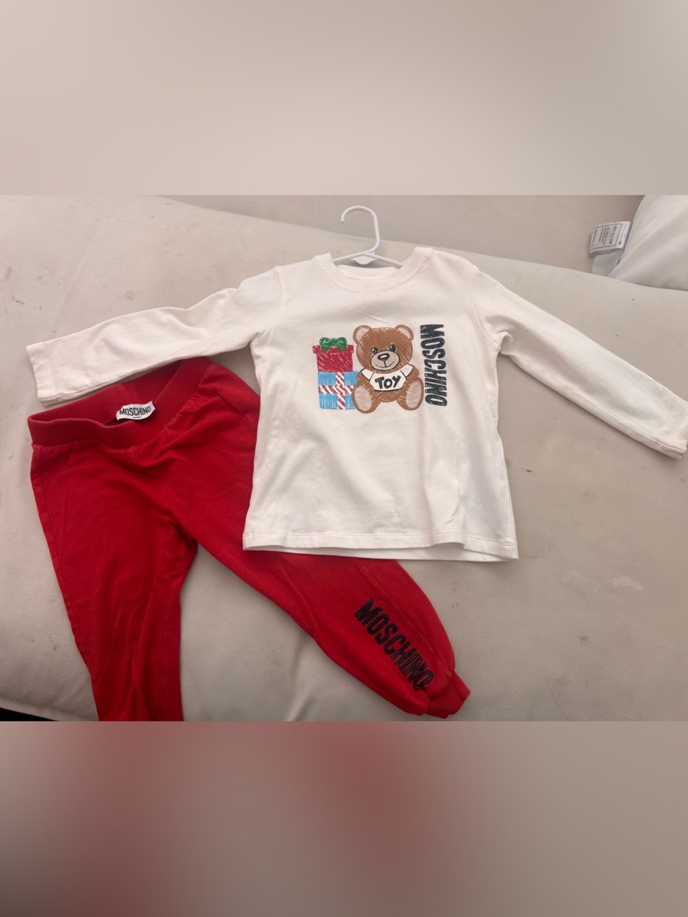 Boy or Girl Moschino White Teddy Graphic Top with Red Jogger Pajama Set